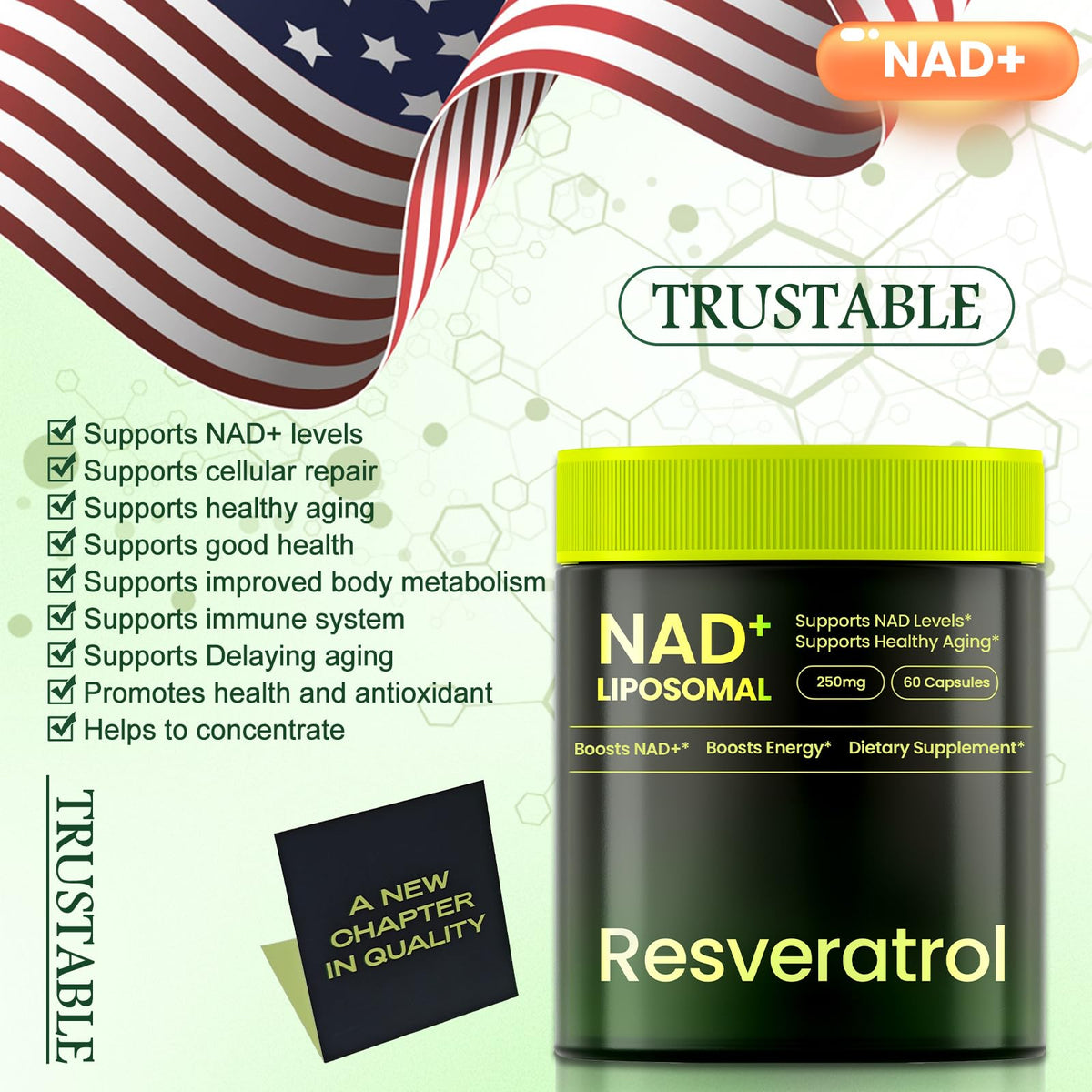 Lyndops NAD Supplement, Liposomal Nicotinamide Riboside Resveratrol 250mg, NMN Alternative, High Purity NAD Supplement for Women & Men, Anti-Aging, Cellular Energy, Mental Focus - 60 Capsules LyndopsBuy Supplements Australia