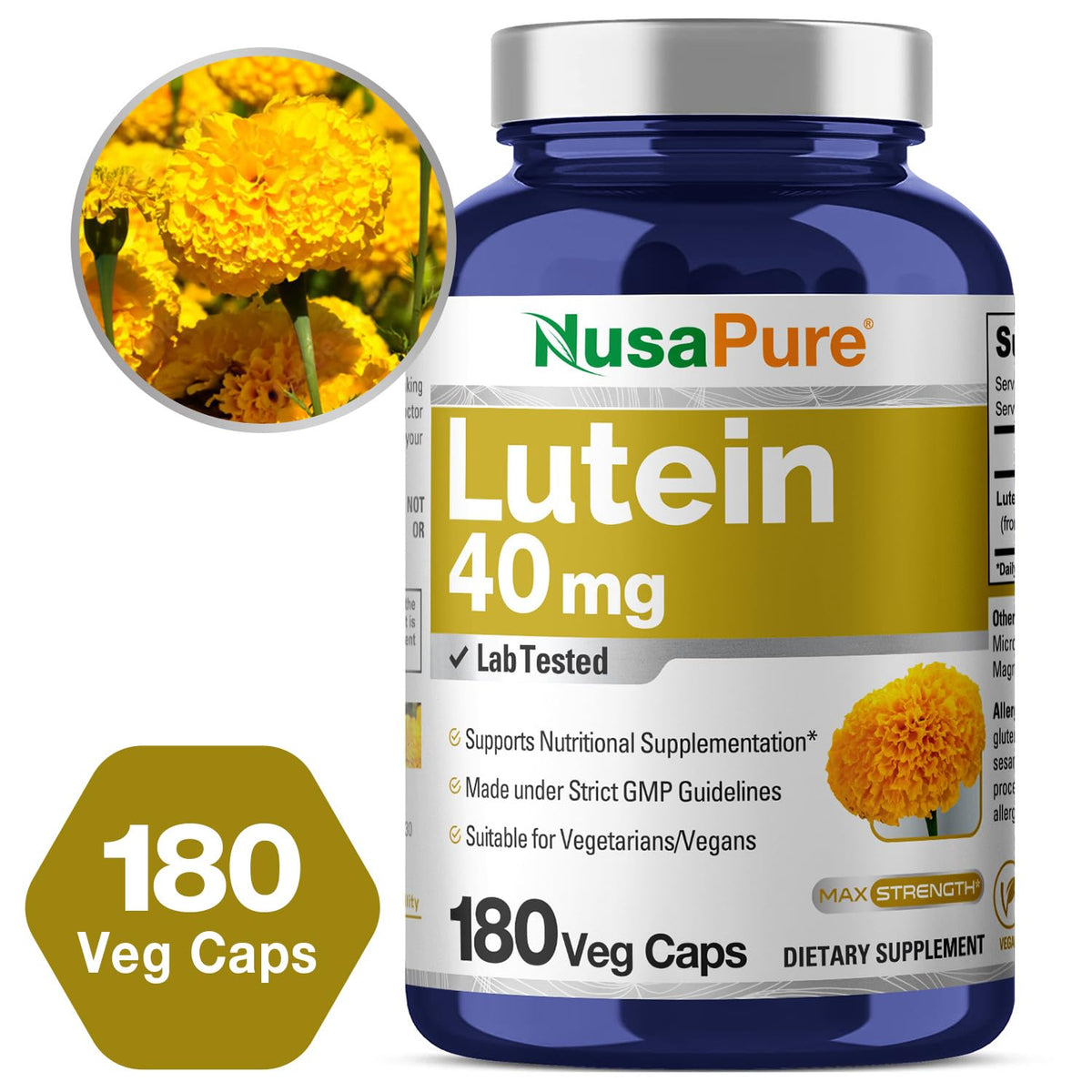 NusasPure Lutein - Suitable for Vegetarian/Vegan, Non - GMO - 40 mg - 180 Capsules NusaPureBuy Supplements Australia