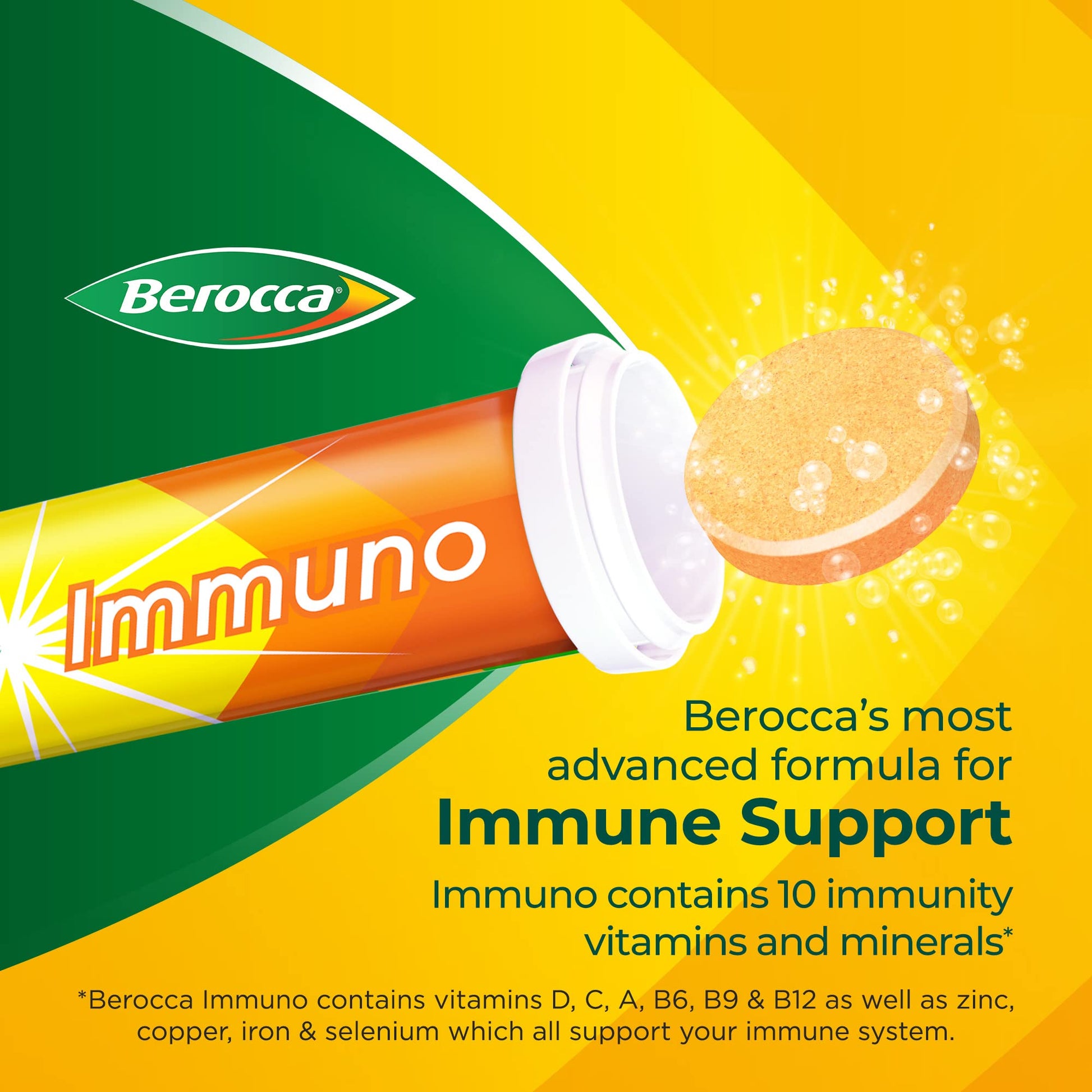 Berocca Immuno Effervescent Tablets, 11 Vitamins and Minerals, Including Vitamins D, C BeroccaBuy Supplements Australia