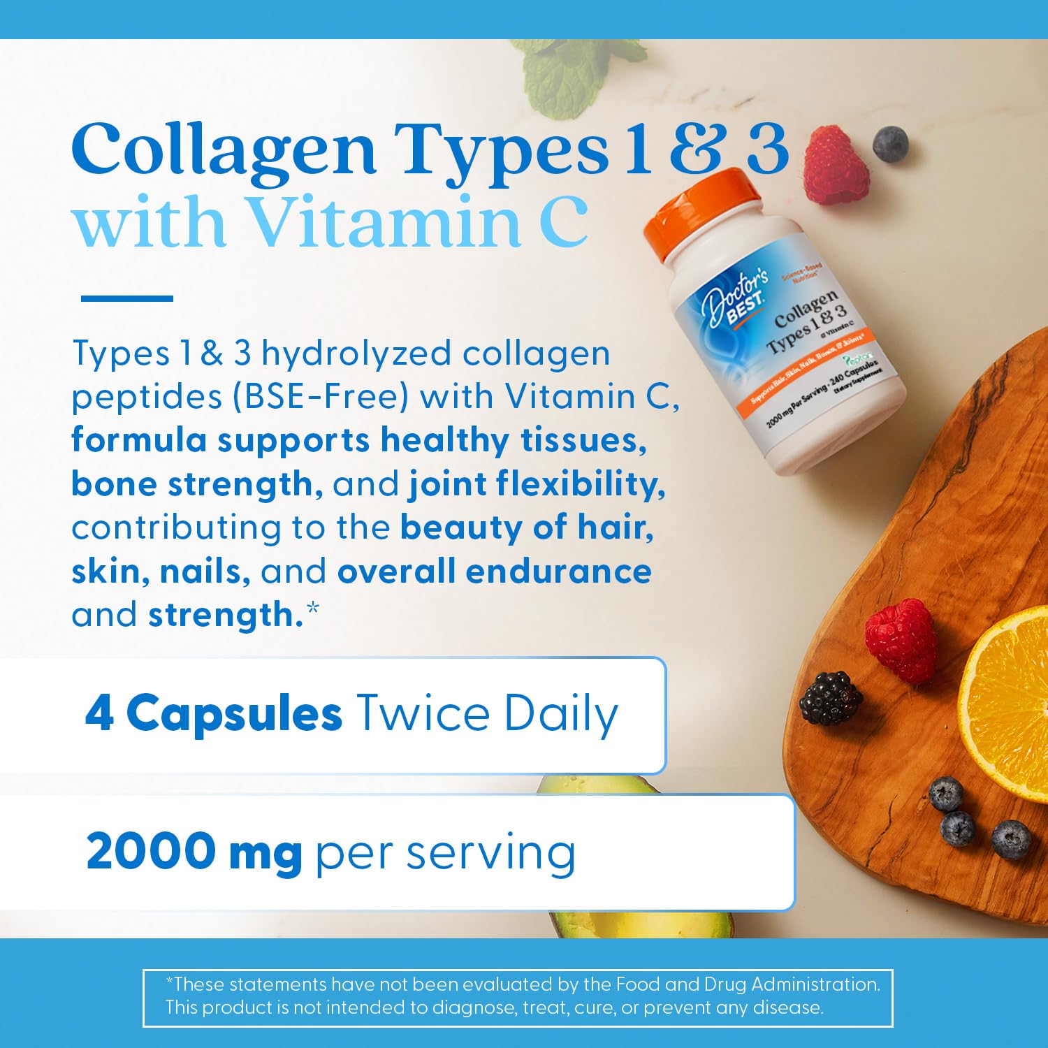 Doctor's Best Collagen Types 1 & 3 with Vitamin C, Non-GMO, Gluten Free, Soy Free, Supports Hair, Skin, Nails, Tendons & Bones, 500 mg, 240 Caps (DRB-00263) Doctor's BESTBuy Supplements Australia