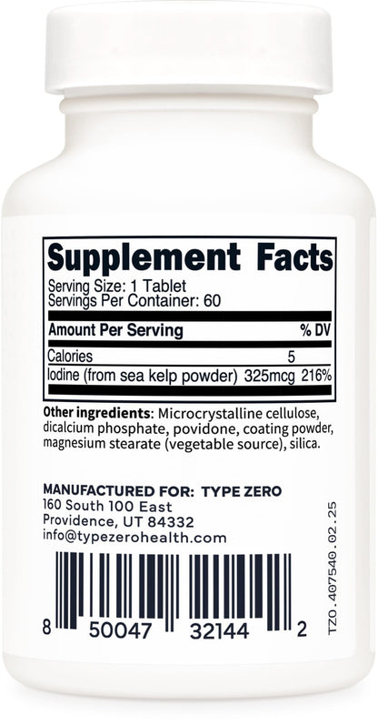 Type Zero Clean Iodine Tablets (60 Servings, 325 MCG Per Serving) - from Sea Kelp, Non-GMO, Gluten Free Type ZeroBuy Supplements Australia