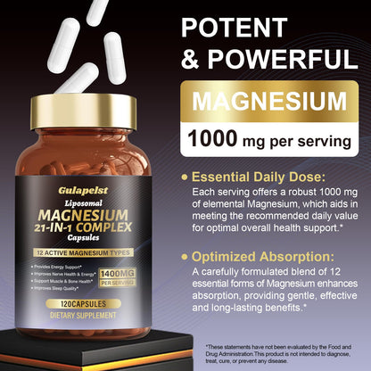 21 in 1 Liposomal 1400mg Magnesium Complex (Citrate, Glycinate, Malate etc) Capsule - 12 Active Types Magnesium with Vitamin D3, B6, B12, C, Ashwagandha & CoQ10 for Women & Men