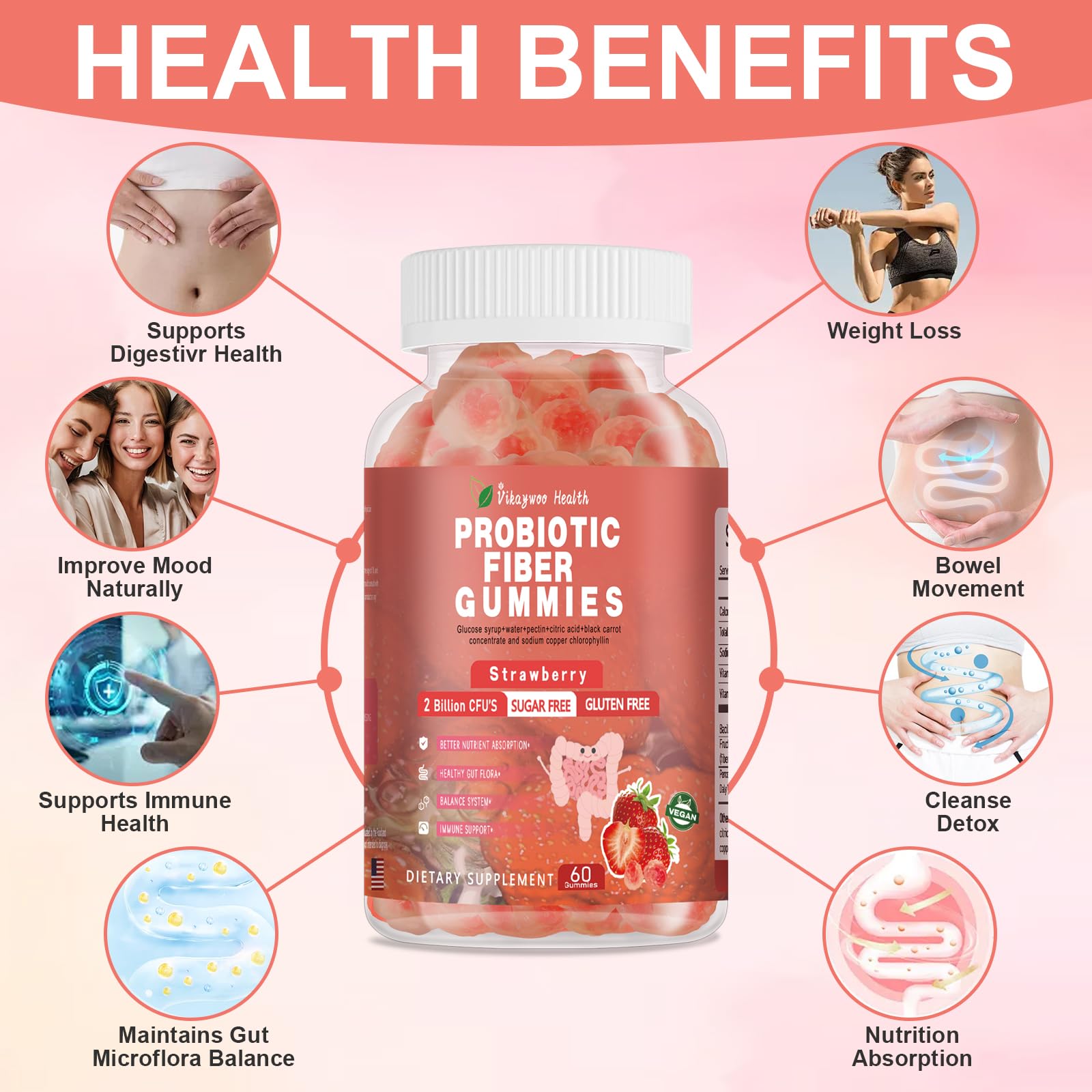 Vikaywoo Probiotic Fiber Gummies for Adults, No Sugar Added Strawberry Flavor– 2 Billion CFUs –Vitamin C,Vitamin D–Digestive Health & Regularity Support(120 Count) VikaywooBuy Supplements Australia