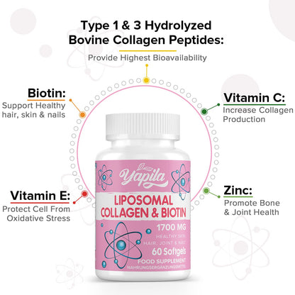 Liposomal Collagen Biotin Capsules, Hydrolyzed Bovine Collagen Peptides 1700 mg, Types 1 & 3 Protein YapilaBuy Supplements Australia