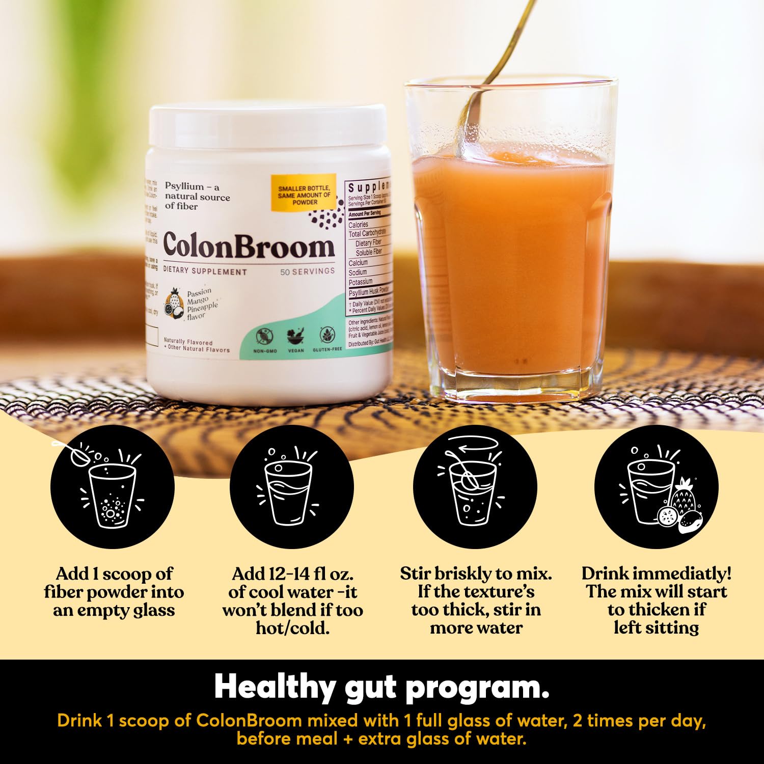 ColonBroom Psyllium Husk Powder with Stevia (Tropical Fruits) - Colon Cleanse for Bloating Relief & Gut Health - Colon Broom Fiber Powder Drink - Vegan Fiber Powder Stevia Supplement, 150 Servings ColonBroomBuy Supplements Australia