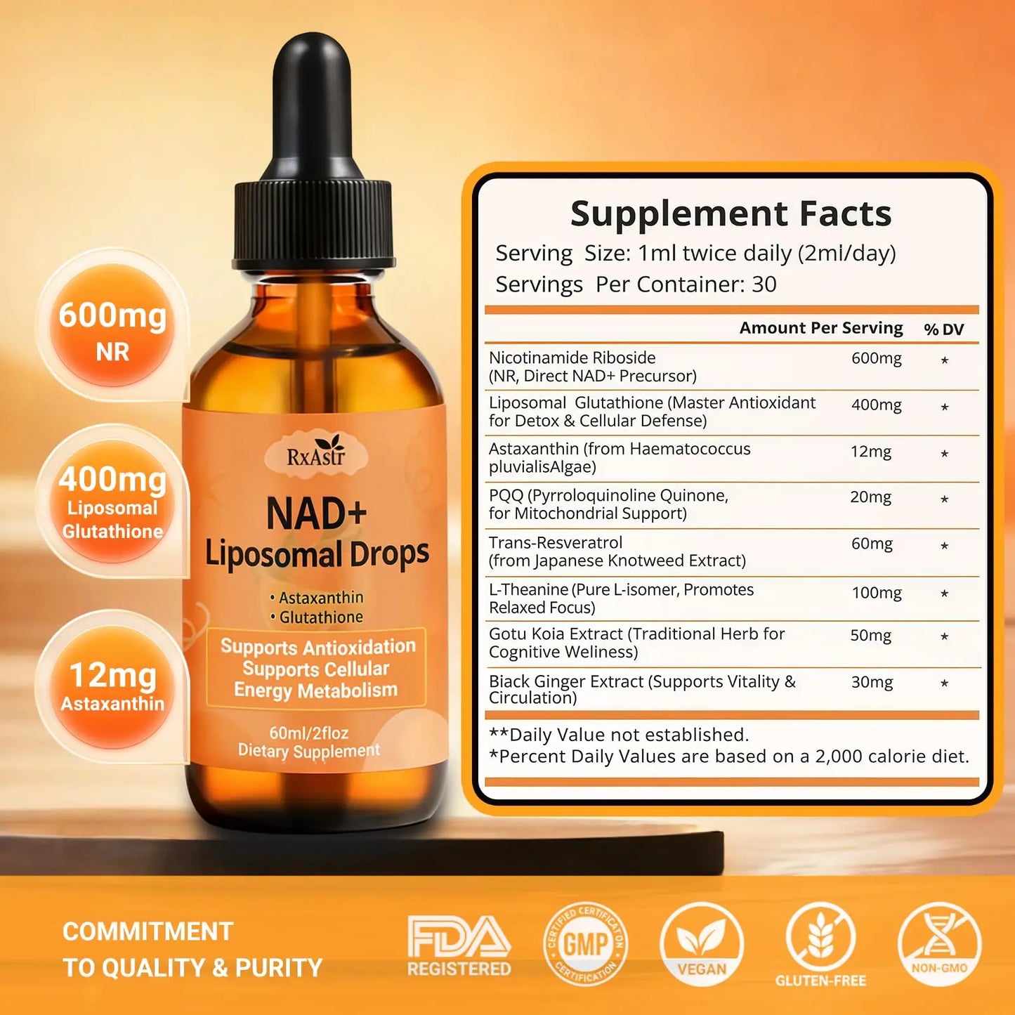 NAD+ Liposomal Drops with Astaxanthin & Glutathione, 600mg NR for Cellular Energy, Antioxidant Defense, Skin & Cognitive Support for Men & Women, Natural Citrus Flavor, Vegan, GMP Certified, 60ml RxAstrBuy Supplements Australia