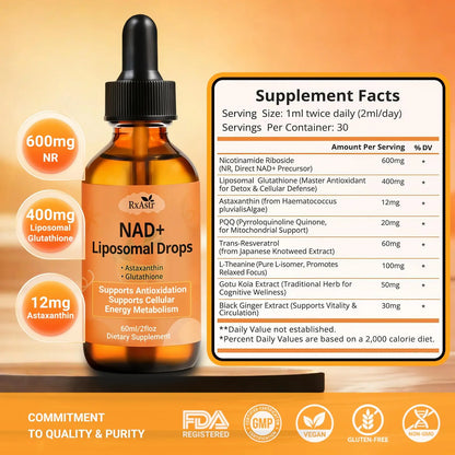 NAD+ Liposomal Drops with Astaxanthin & Glutathione, 600mg NR for Cellular Energy, Antioxidant Defense, Skin & Cognitive Support for Men & Women, Natural Citrus Flavor, Vegan, GMP Certified, 60ml RxAstrBuy Supplements Australia