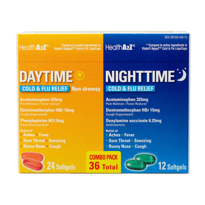 HealthA2Z® Daytime and Nighttime | Cold & Flu Medicine | Powerful Multi-Symptom Relief (24 Daytime & 12 Nighttime Softgels) (Combo (36 Count Pack of 1)) HealthA2Z buy supplements Au