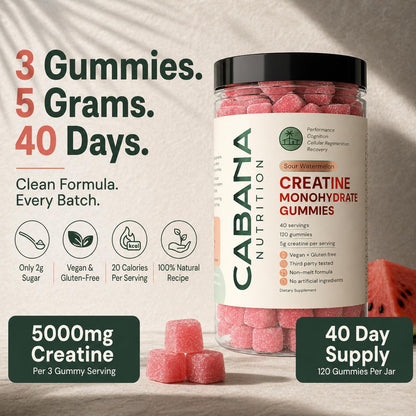 Creatine Monohydrate Gummies 5g - Only 2g Sugar, Made in USA - Sour Watermelon Flavor - Vegan & 3rd Party Tested - Pre & Post Workout Supplement for Women and Men (120 Count, 40 Servings)