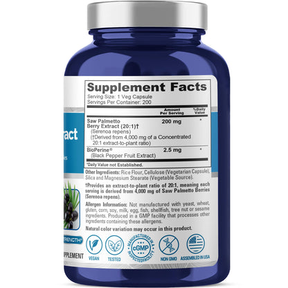NusaPure Saw Palmetto 20:1 Extract, 200 mg Equivalent to 4,000 mg per Veggie Caps 200 Count Non-GMO, Vegan, Vegetarian, Bioperine NusaPureBuy Supplements Australia