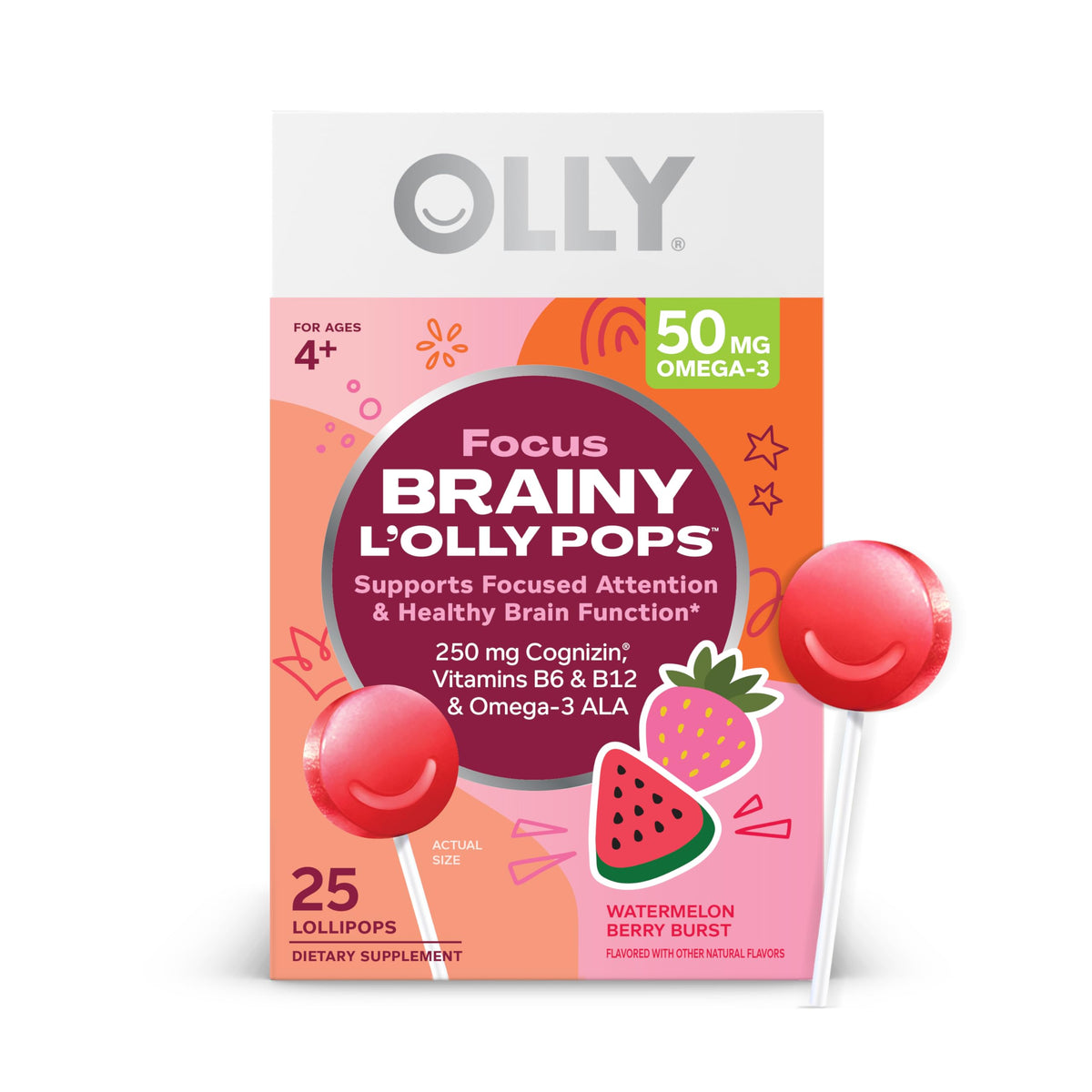 OLLY Focus Buddies L’OLLY Pops, Cognizin, Vitamins B6 and B12, Omega-3 ALA, Supports Focused Attention and Healthy Brain Function,* Kids 4+ Dietary Supplement, Watermelon Strawberry Flavored, 25 Count OLLYBuy Supplements Australia