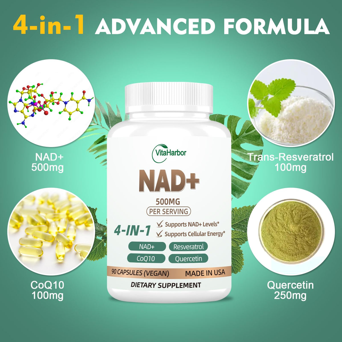 NAD Supplement 500mg, Pure Organic NAD+ Supplement for Women & Men, NAD+ with Trans-Resveratrol & CoQ10 & Quercetin for Cellular Energy & Healthy Aging, NMN Alternative (90 Vegan Caps) VitaHarborBuy Supplements Australia