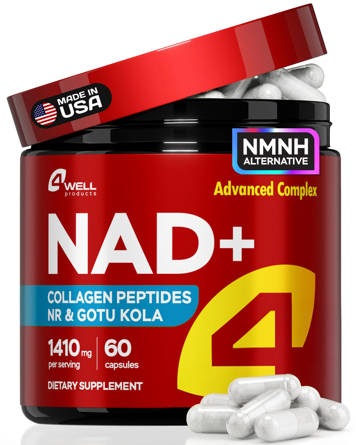 Supplement container labeled NAD+ with capsules on a white background