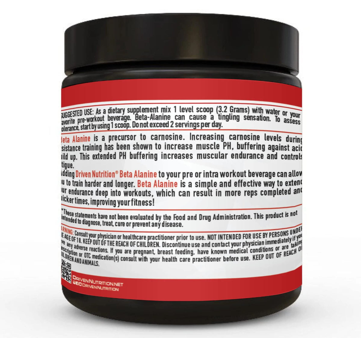 Driven Nutrition Beta Alanine, Unflavored - Preworkout Carnosine Booster for Physical Endurance, Reduce Lactic Acid & Muscle Fatigue, Support Workout Capacity for Weightlifting & High Intensity Cardio