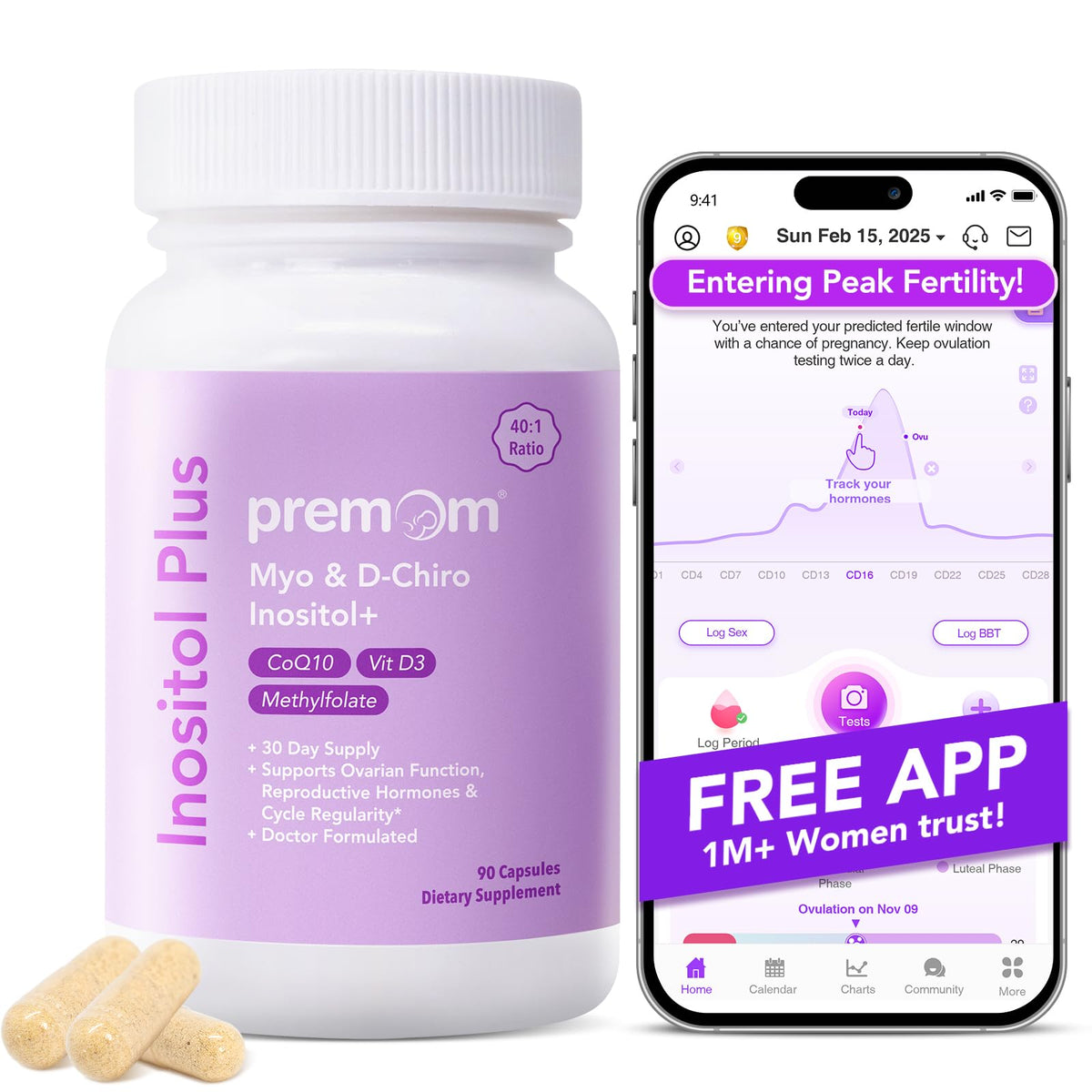 Premom Inositol Plus - 2000mg Myo-Inositol & 50mg D-Chiro Inositol, CoQ10, Folate & Vitamin D3-40:1 Ratio - Supports Hormonal Balance, Ovarian & Reproductive Health - 30 Day Supply PremomBuy Supplements Australia
