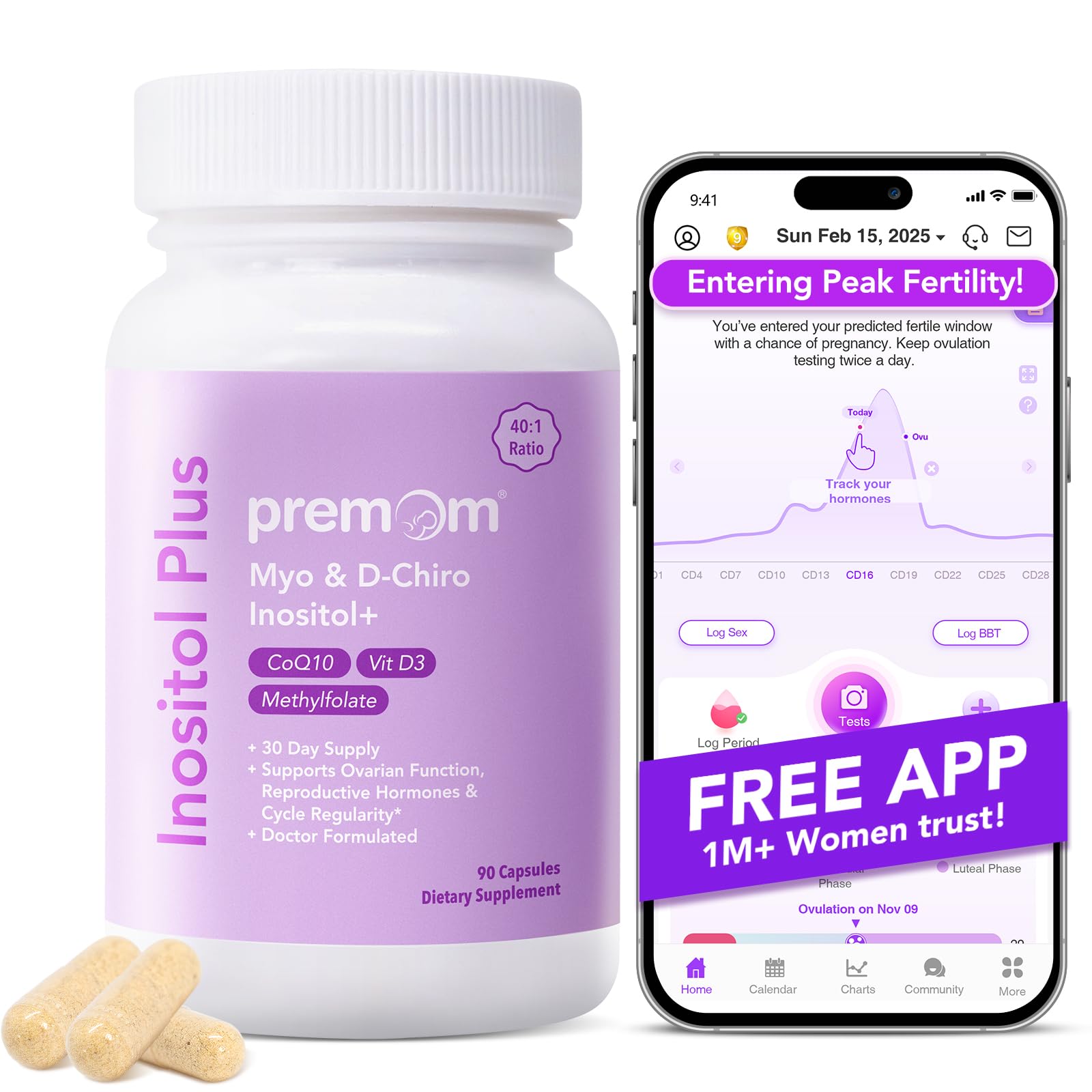 Premom Inositol Plus - 2000mg Myo-Inositol & 50mg D-Chiro Inositol, CoQ10, Folate & Vitamin D3-40:1 Ratio - Supports Hormonal Balance, Ovarian & Reproductive Health - 30 Day Supply PremomBuy Supplements Australia