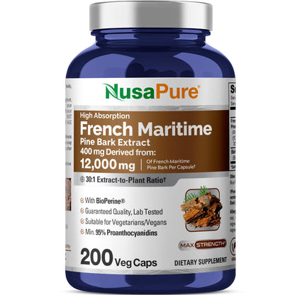 NusaPure French Maritime Pine Bark 30:1 Extract, 400 mg Equivalent to 12,000 mg Per Veggie Caps 200-Day Supply, Bioperine (Non-GMO & Vegan) NusaPureBuy Supplements Australia