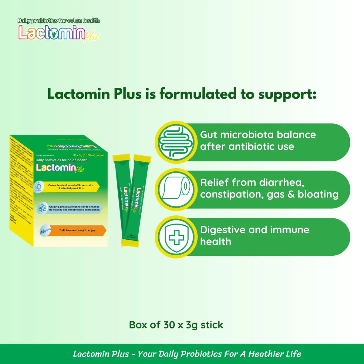 Probiotics - LactominPlus-3 Probiotics Strains - Powder - Sweet Yogurt Flavor - 30 Sticks x 3g (1month), 1.5 Billion CFU, with Prebiotics(FOS), Constipation & Bloating Relief, Microencapsulated LactominBuy Supplements Australia