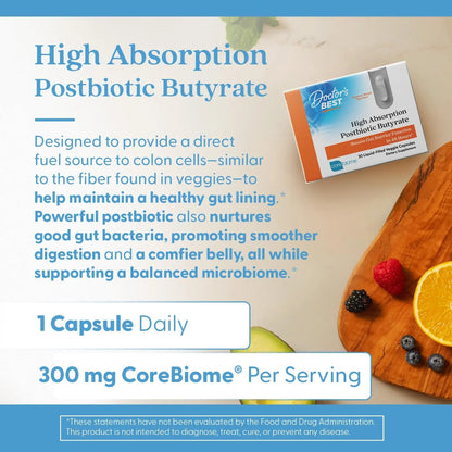 Doctor's BEST High Absorption Postbiotic Butyrate Featuring Corebiome, Gut & Immune Health, Non-GMO, Gluten Free, Soy Free, Vegan, 30 Liquid Veggie Caps Doctor's BESTBuy Supplements Australia