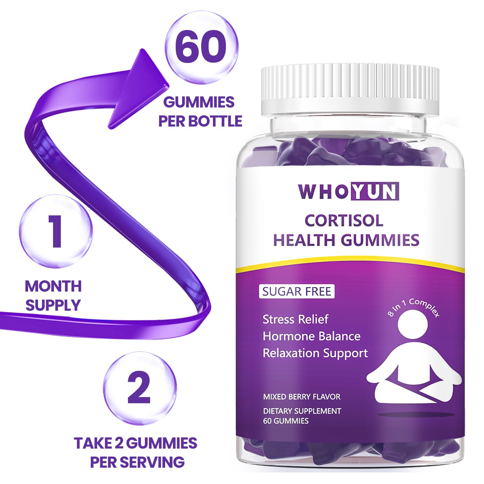 Whoyun Cortisol Supplement Gummies for Women, Lower Cortisol with Phosphatidylserine Ashwagandha Magnesium, Stress Relief, Vegan Sugar Free, 60 Count WhoyunBuy Supplements Australia