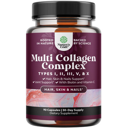 Advanced Multi Collagen Complex - Ageless Multi Collagen Peptides Supplements with Type 1 2 3 5 & X & Biotin for Hair, Skin and Nails Vitamins - Biotin Supplements for Women & Men - 90 Count Natures CraftBuy Supplements Australia