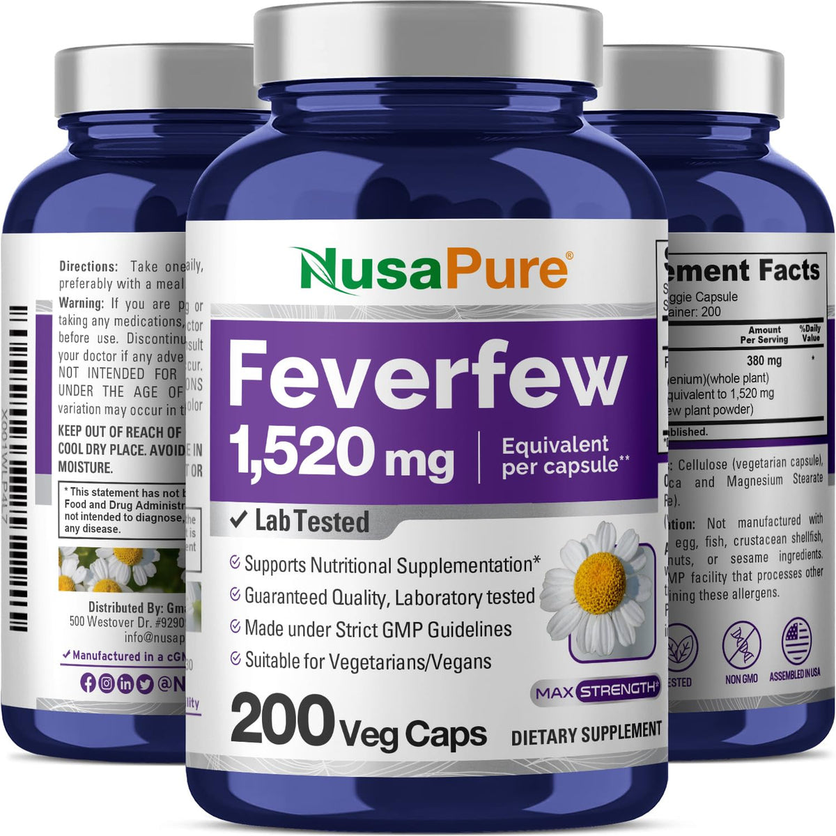 NusaPure Feverfew Extract 4:1 - Suitable for Vegetarian/Vegan, Non - GMO - 1520mg 200 Capsules NusaPureBuy Supplements Australia
