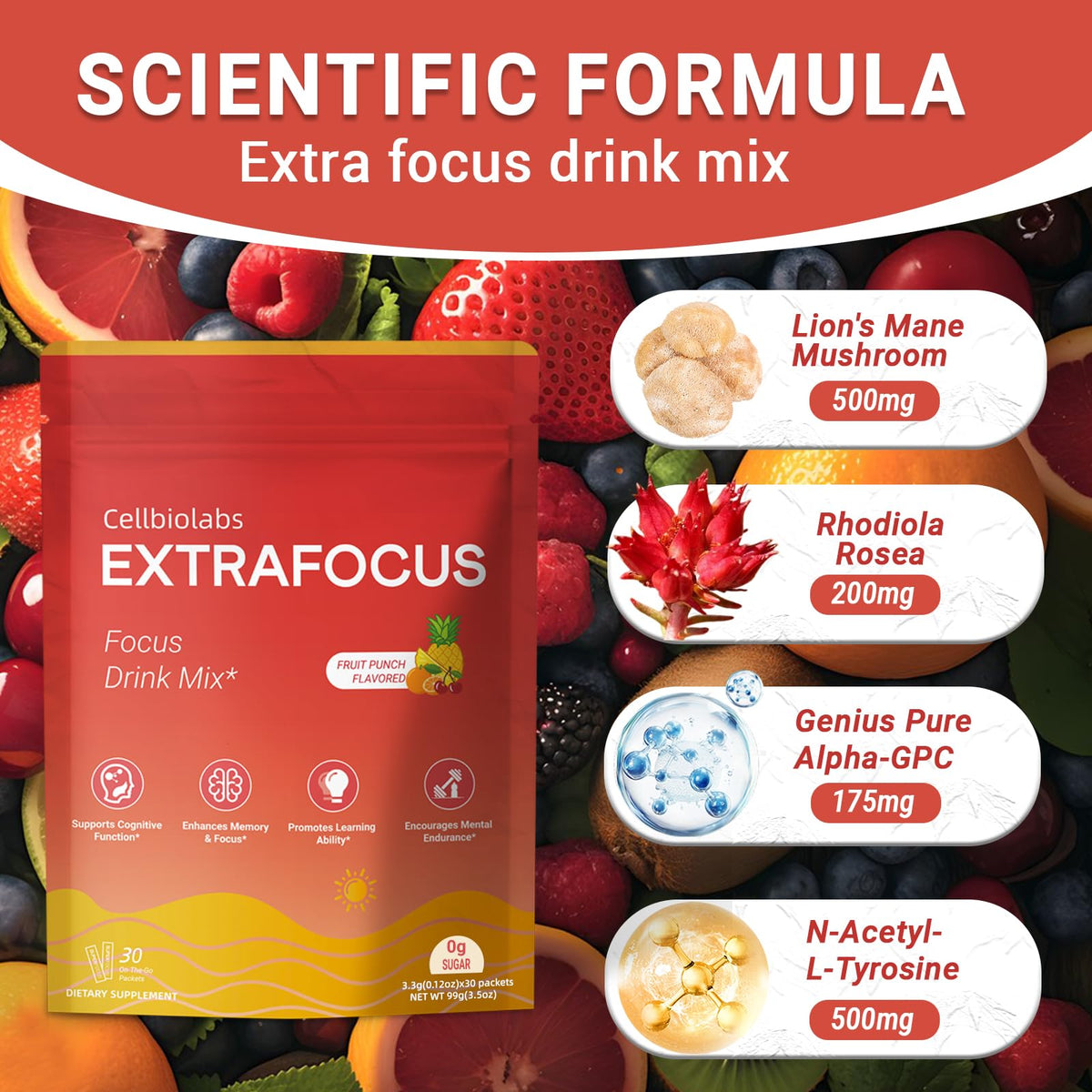 Nootropic Extra Focus Drink Mix, 30 Packs On-The-Go Sticks, Featuring Alpha-GPC, Lion's Mane & Rhodiola, Sugar-Free Packets Fruit Punch Clean Drink Mix CellbiolabsBuy Supplements Australia