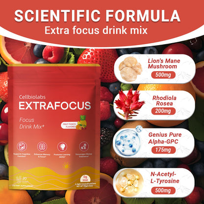 Nootropic Extra Focus Drink Mix, 30 Packs On-The-Go Sticks, Featuring Alpha-GPC, Lion's Mane & Rhodiola, Sugar-Free Packets Fruit Punch Clean Drink Mix CellbiolabsBuy Supplements Australia