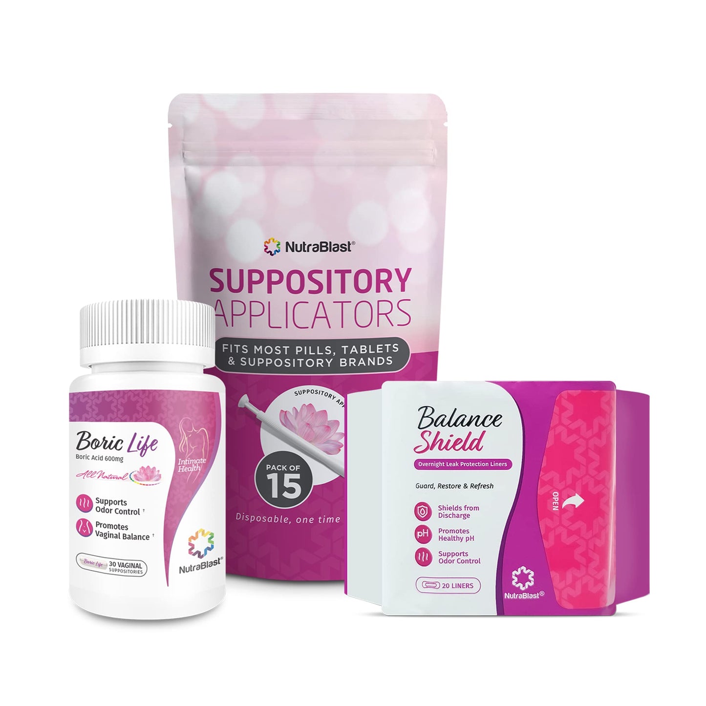 NutraBlast Boric Acid Suppositories 600mg (30 Count) Bundle with Disposable Applicators (15-Pack) and Balance Shield Panty Liners (180mm, 20-Pack) NutraBlastBuy Supplements Australia