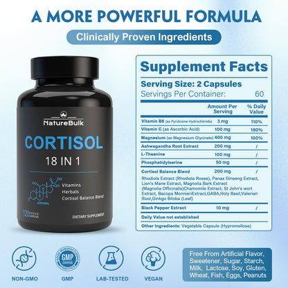 NATUREBULK Cortisol Supplements for Women, 18-in-1 - Premium Blend with Ashwagandha, Rhodiola, Magnesium & L-Theanine - Stress Response Support & Mood Enhancement Formula - 120 Vegetarian Capsules NATUREBULKBuy Supplements Australia