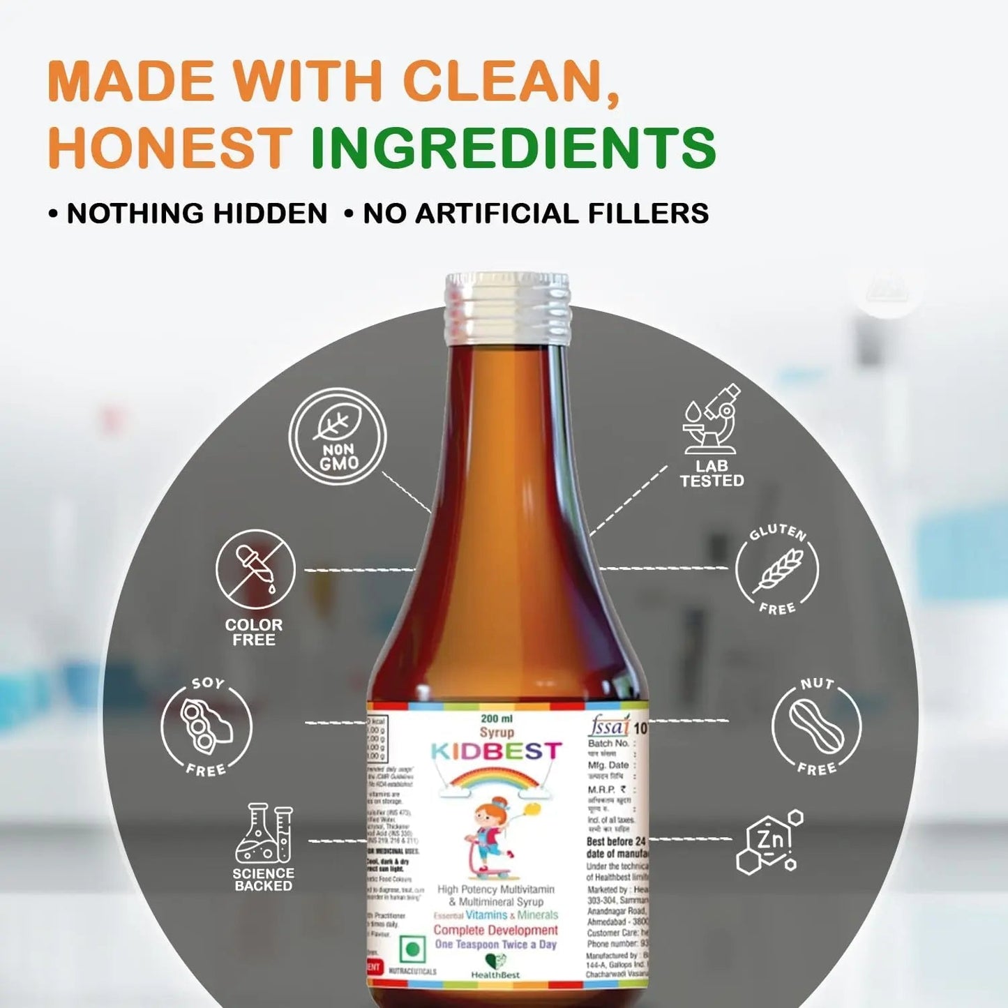 Kidbest Multivitamin Syrup for Kids 3-13 Years – Liquid Formula with 20 Nutrients for Appetite, Immunity, and Growth – Tasty Daily Vitamins HealthBest