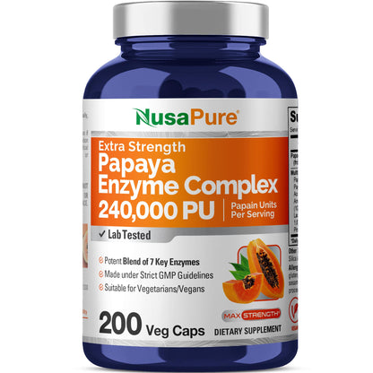 NusaPure Papaya Papain Enzyme Complex 240,000 PU - 200 Veggie Caps - Suitable for Vegetarian, Vegan Non-GMO NusaPureBuy Supplements Australia
