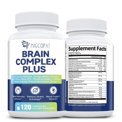 Brain Supplements for Memory and Focus | Nootropic with Bacopa Monnieri, Lion's Mane, Alpha GPC, Ginkgo Biloba | Mental Clarity & Cognitive Support | Vitamin B6 & B12 Neuro Health - Non-GMO, 120 Caps MigcopatBuy Supplements Australia