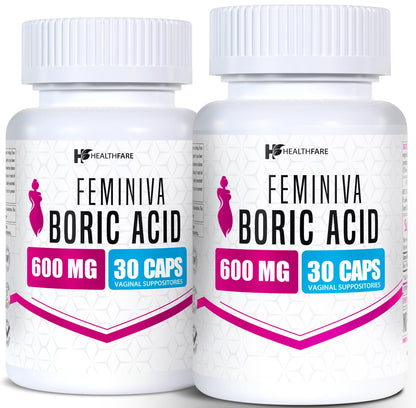 Healthfare Feminiva Boric Acid Suppositories | 2-Pack | 30 Vaginal Suppositories Each | 600mg | 100% Pure | Made in The USA HealthfareBuy Supplements Australia