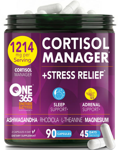 Cortisol Manager – Adrenal Support Supplement for Women & Men – Natural Stress Relief, Calm & Sleep Support – Cortisol Reducer with Ashwagandha, Magnesium, L-Theanine & Rhodiola – 90 Vegan Capsules ONE 365Buy Supplements Australia