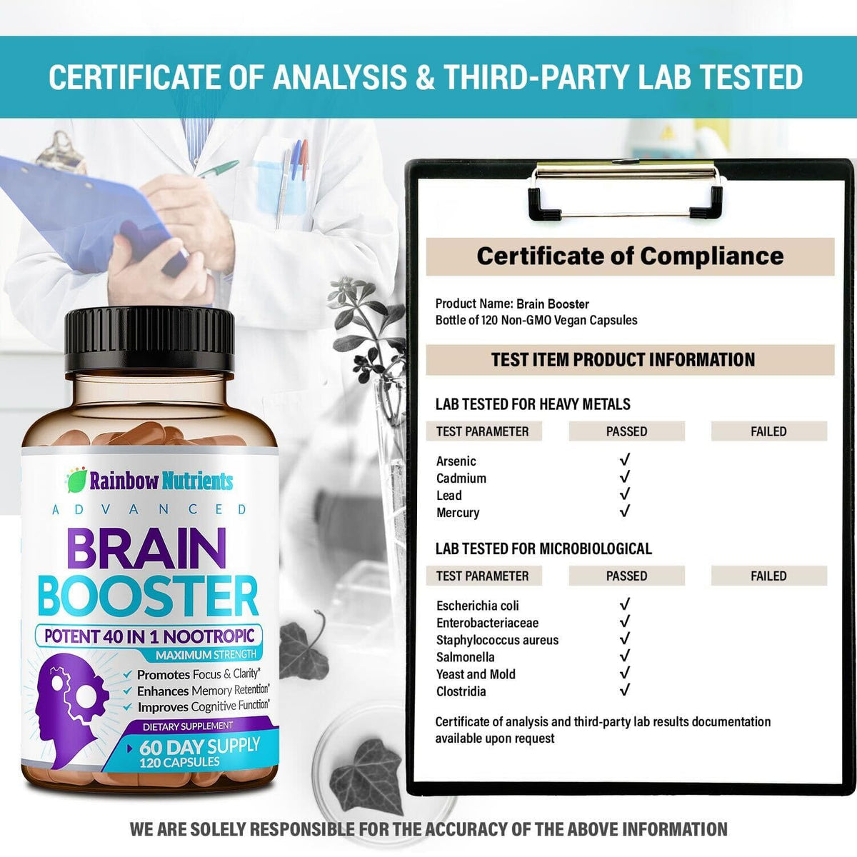 40-in-1 Brain Booster Supplements for Memory, Focus, Clarity, Energy, Performance | Natural Nootropic Brain Support Supplement with DMAE, Bacopa Monnieri & More | For Men & Women | 120 V Capsules Rainbow Nutrients, LLCBuy Supplements Australia