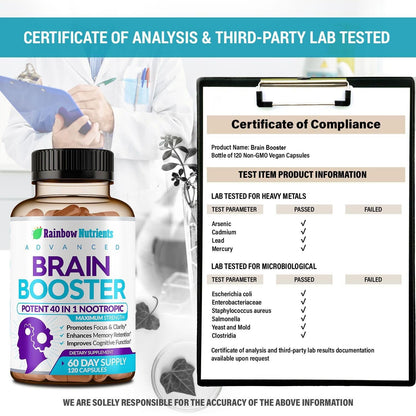 40-in-1 Brain Booster Supplements for Memory, Focus, Clarity, Energy, Performance | Natural Nootropic Brain Support Supplement with DMAE, Bacopa Monnieri & More | For Men & Women | 120 V Capsules Rainbow Nutrients, LLCBuy Supplements Australia