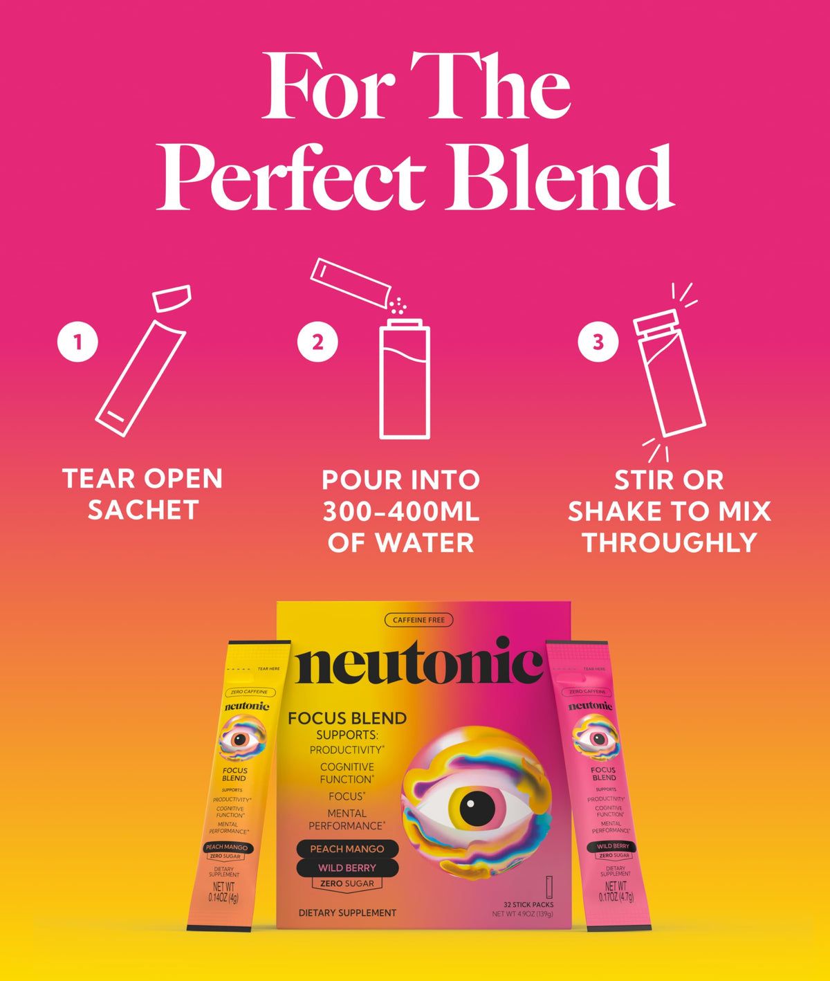 Neutonic Nootropic Focus Blend Powder | Peach Mango & Wild Berry 32 Sticks | Caffeine Free, Zero Sugar | Support Memory, Mental Clarity, Cognitive Function | Boost Focus, Energy, Brain Health NeutonicBuy Supplements Australia