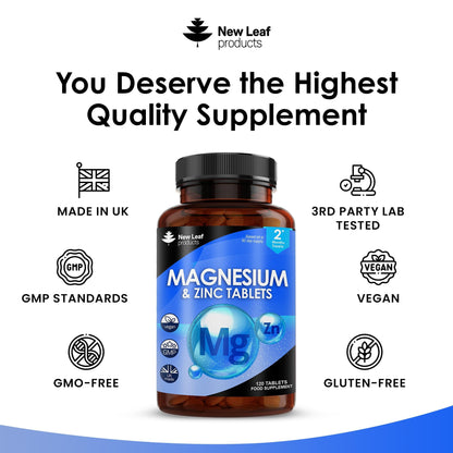 Magnesium Supplements 516mg With Zinc - 120 Magnesium Tablets Supports Muscle NEW LEAF PRODUCTSBuy Supplements Australia