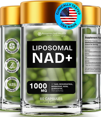 Supplement bottle labeled 'Liposomal NAD+' with Resurrected Health branding, gold caps, and green capsules.