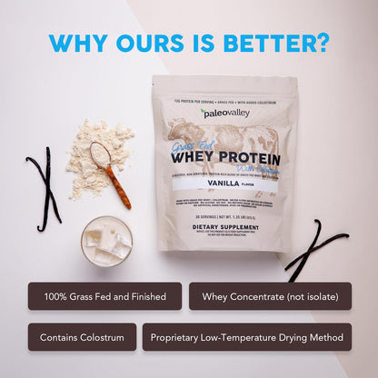 Paleovalley 100% Grassfed Whey Protein Powder with Colostrum, 30 Serving - Vanilla, 13g Protein, Muscle Building, Immune Support, Gut Health PaleovalleyBuy Supplements Australia