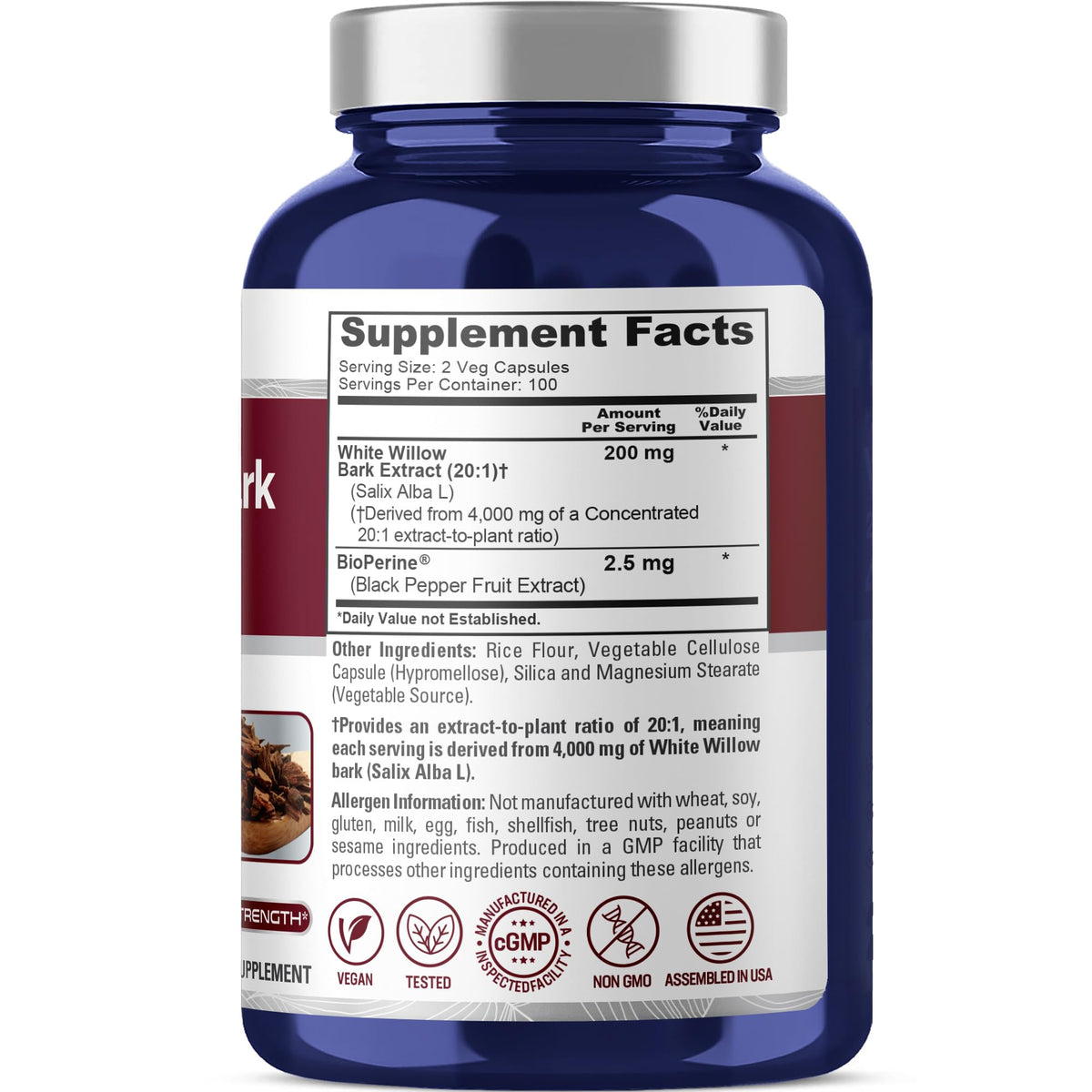 NusaPure White Willow Bark 20:1 Extract, 200 mg Equivalent to 4000mg, 200 Veggie Capsules, Max Strength, (Non-GMO, Vegan) NusaPureBuy Supplements Australia