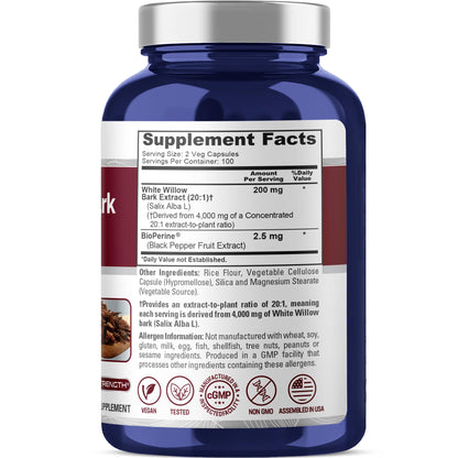 NusaPure White Willow Bark 20:1 Extract, 200 mg Equivalent to 4000mg, 200 Veggie Capsules, Max Strength, (Non-GMO, Vegan) NusaPureBuy Supplements Australia