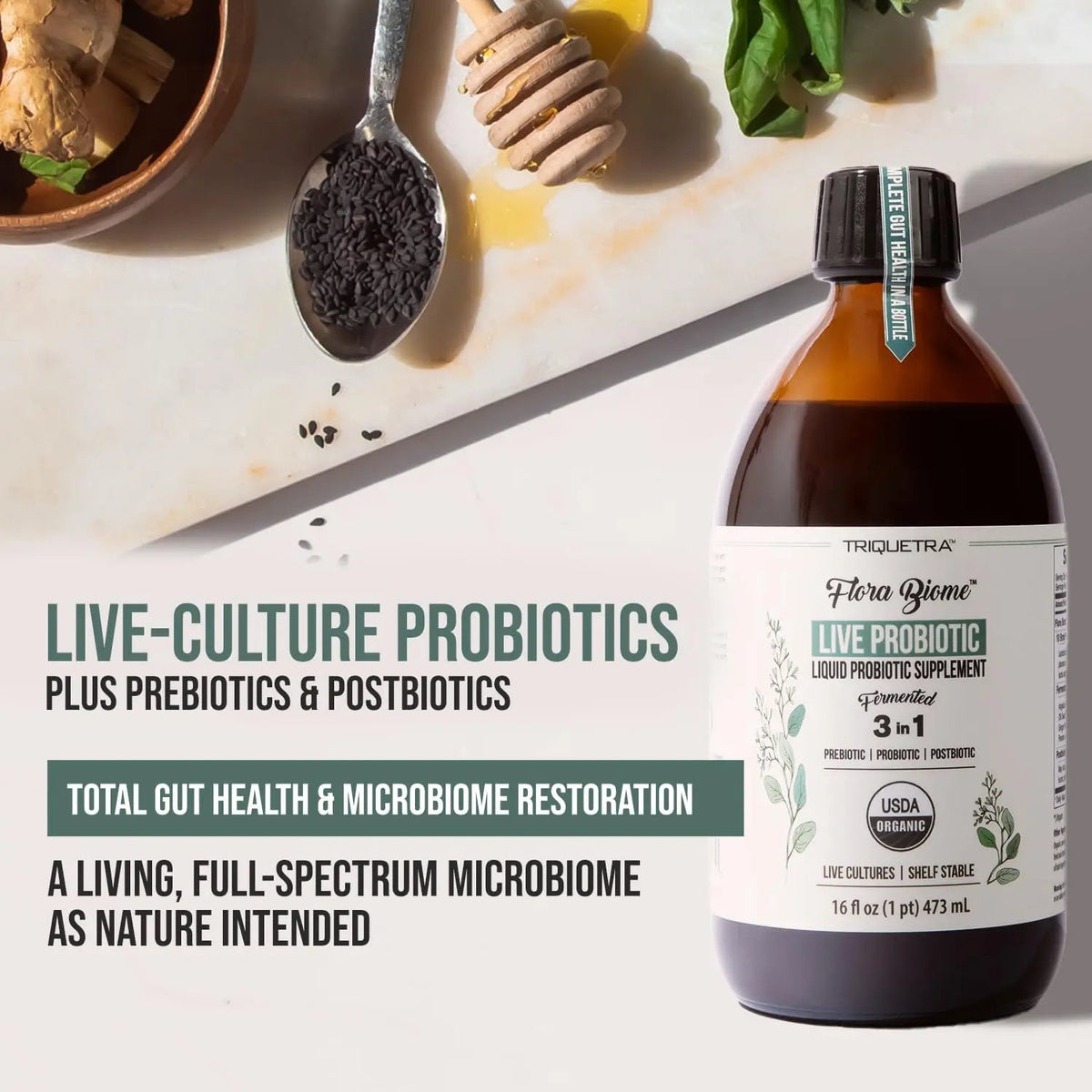 Flora Biome - Live Probiotic, Prebiotic, & Postbiotic – Organic Live-Culture – 10 Probiotic Strains, 18 Fermented Herbs - Complete Gut Health & Microbiome Optimizer (16 oz) Triquetra HealthBuy Supplements Australia