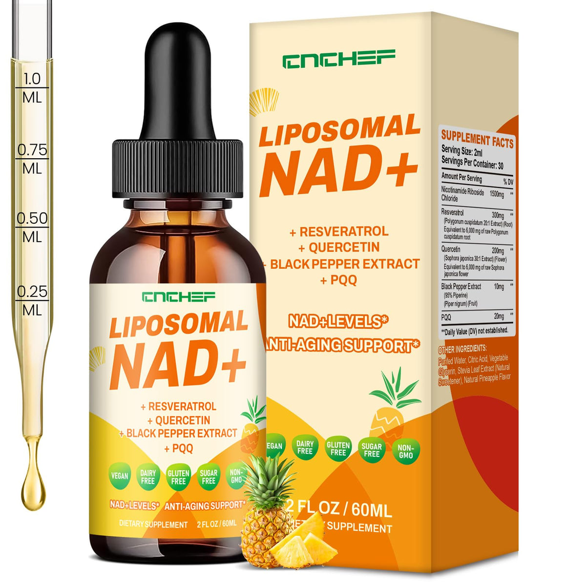 Liposomal NAD+ supplement bottle and packaging with dropper on a white background