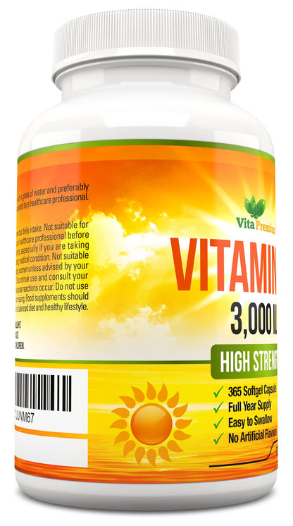 Vitamin D 3,000 IU, High Strength Vitamin D3 Supplement, 365 Easy to Swallow Softgels Vita PremiumBuy Supplements Australia