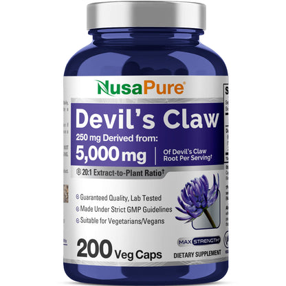 NusaPure Devil's Claw 20:1 Extract, 250 mg Equivalent to 5000mg, 200 Veggie Capsules, Concentrated Root Extract, Devils Claw Herbal Supplement, Non-GMO, Vegan Supplement NusaPureBuy Supplements Australia