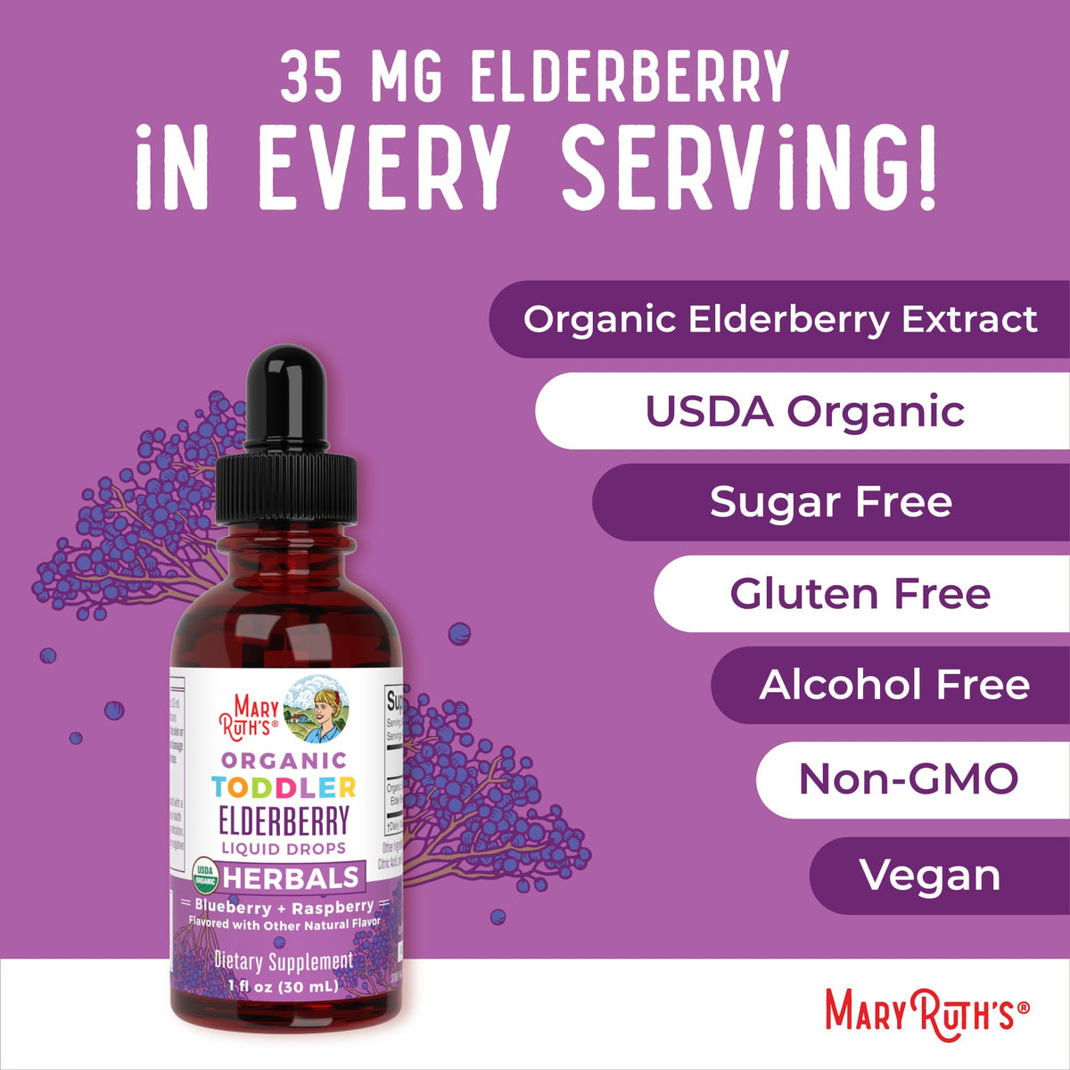 MaryRuth Organics Toddler Elderberry Syrup, USDA Organic Elderberry, Sugar Free Kids Immune Support Supplement for Ages 1-3 Years, Clean Label Project Verified®, Vegan, Non-GMO, Gluten Free, 1 Fl Oz MARYRUTH'SBuy Supplements Australia