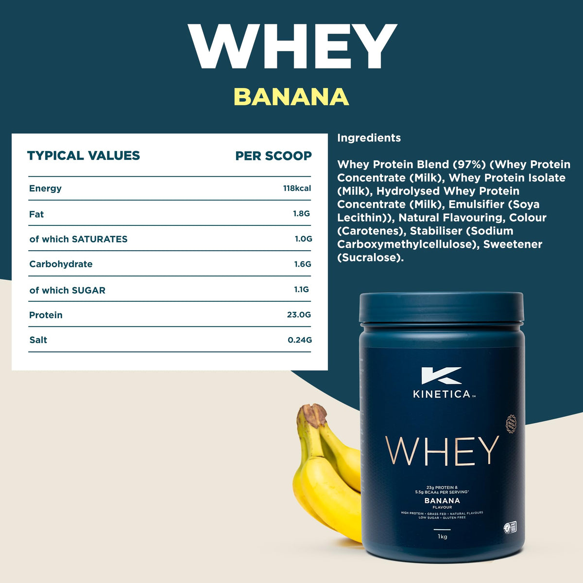 Kinetica Banana Whey Protein Powder | 2.27kg | 23g Protein per Serving | 76 Servings KineticaBuy Supplements Australia