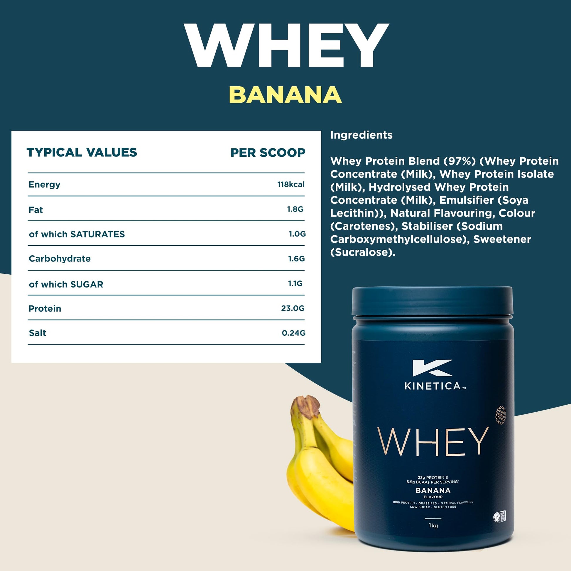 Kinetica Banana Whey Protein Powder | 2.27kg | 23g Protein per Serving | 76 Servings KineticaBuy Supplements Australia